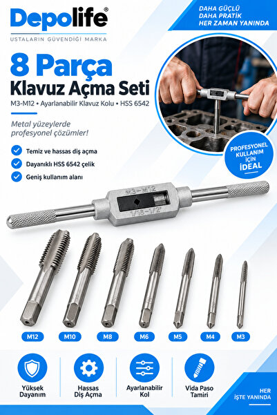 Depolife 8 parça Klavuz açma Seti M4 M5 M6 M8 M10 M12 Kılavuz Kolu Metrik Vid...
