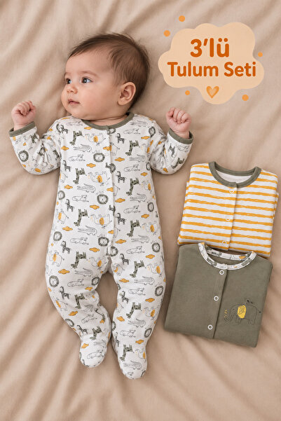 Rocha Baby Rocha Baby 3-Piece Cotton Romper Set - Safari, Striped, and Elephant Patterned Sleep and Play Romper with Booties