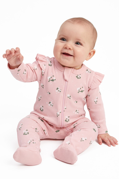 bebegen Baby Girl Pink and White Floral Ruffle Zippered Jumpsuit 0-3 Months