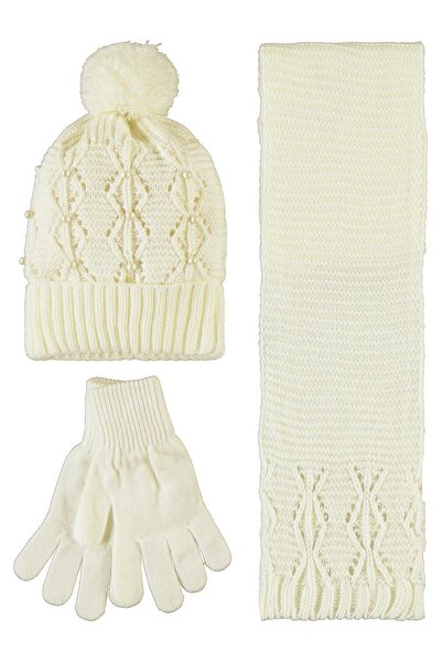 Civil Girls Waiter 10-13 Years Old Scarf, Beret and Glove Set - Ecru