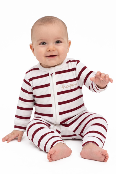 bebegen Baby Boy White Burgundy Striped Jumpsuit 0-3 Months