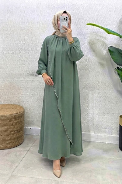 Abiye Diyarı Kadın Krep Kumaş İncili ve Taşlı Nazende Tesettür Elbise- Mint Y...