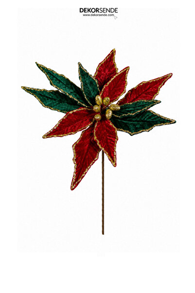 Dekorsende Christmas Ornament Ponsetya Branch with Gold Glitter Red-Green 50 cm