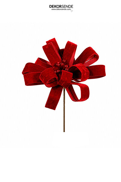 Dekorsende Christmas Ornament Velvet Ribbon Layered Poinsettia Branch Red 35 cm