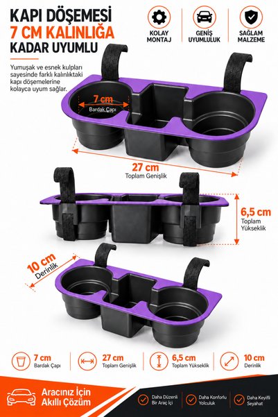 H&R PLASTİK Oto Araç Içi Bardaklık Düzenleyici (MOR RENK) Organizer Araba Telefon Tutucu MOR Renk (MAGAZADA 6 RENK SEÇENEGİ)