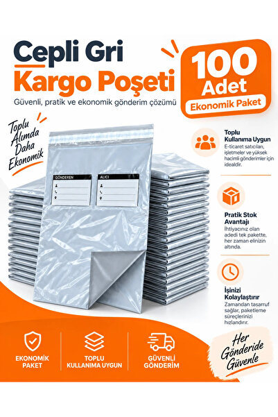 Genel Markalar Cepli Gri Kargo Poşeti 30x37+5 cm 100 Adet – Yapışkanlı Dayanı...
