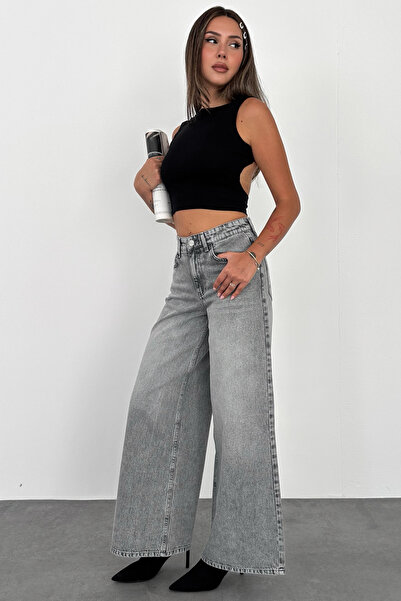 HLT JEANS Gri Kar Kadın Wide Leg Jean %100 Pamuklu Yüksek Bel Palazzo Kot Pan...