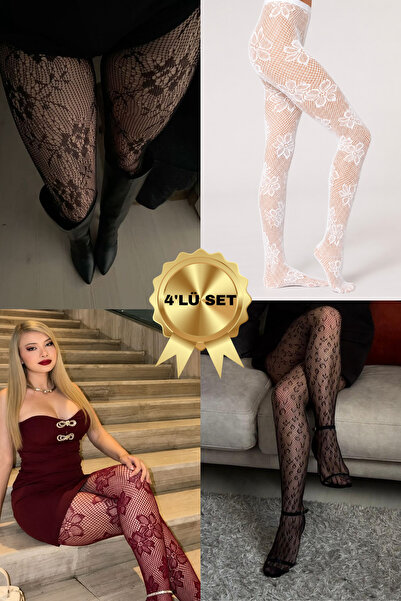 KIRMIZIUNDERWEAR Set of 4 Black, White, Leopard, Burgundy Lace Patterned Fish...