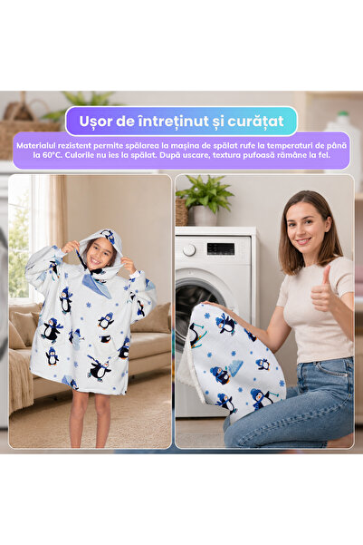 TillyBilly Patura hanorac Junior cu maneci, gluga si buzunare, masura unica, model PENGUIN