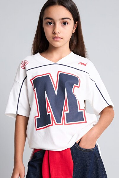 DeFacto 100% Cotton Regular Fit V-Neck Printed Short Sleeve T-Shirt Girls I16...