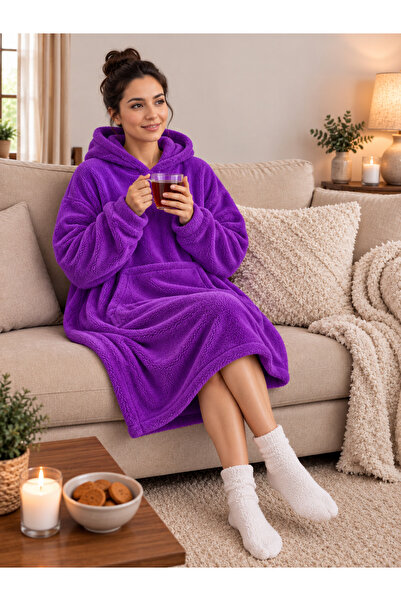 Mulberry Wellsoft Kapşonlu Giyilebilir Tv Battaniyesi Unisex Over Size - Mor