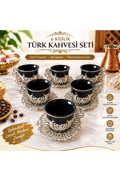 kapadokyahediyelik Türk Kahve Sunum Seti Altı Kişilik Sade Siyah Desen