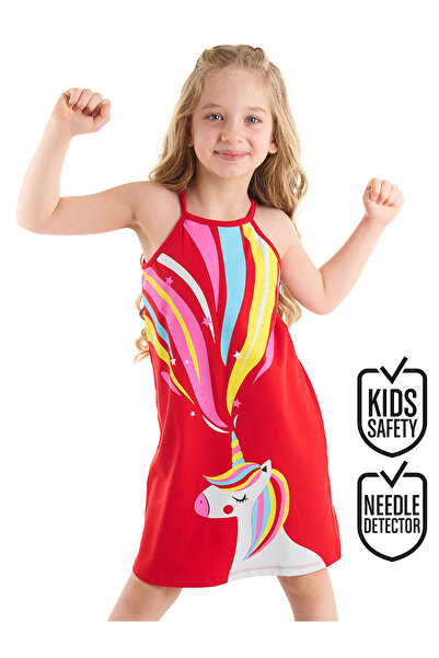 Denokids Unicorn Love Girl's Strap Κόκκινο καλοκαιρινό φόρεμα