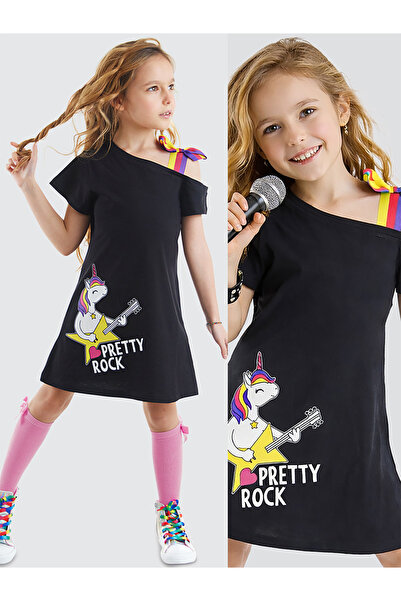 MSHB&G Unicorn Rock Girl's Black Summer Combed Cotton Dress