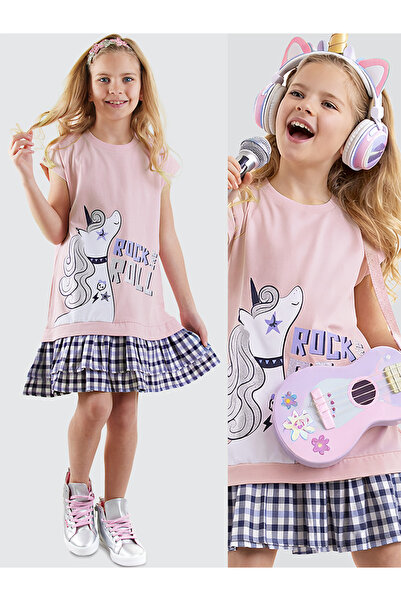 Denokids Unicorn Rock Kız Çocuk Ekose Elbise