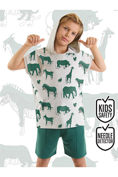 MSHB&G Animals Yeşil Erkek Çocuk Kapüşonlu Yazlık T-shirt Şort Takım