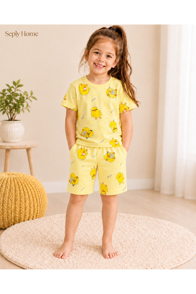 SeplyHome Kız Çocuk %100 Pamuk Civciv Desenli Kısa Kollu Şortlu Pijama Takımı
