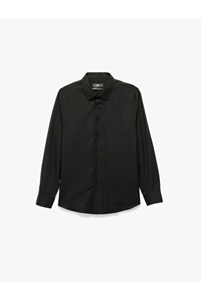 Koton Slim Fit Yarım İtalyan Yaka Siyah Erkek Gömlek 7WAM60036HW