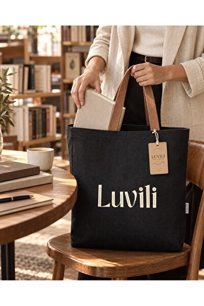 Luvili Siyah Baskılı %100 Organik Pamuk Gabardin Körüklü Kanvas Bez Çanta - 3...