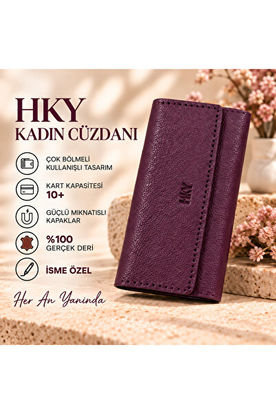 HKY Hakiki Isme Özel Deri Mıknatıslı Büyük Boy Kadın Cüzdan