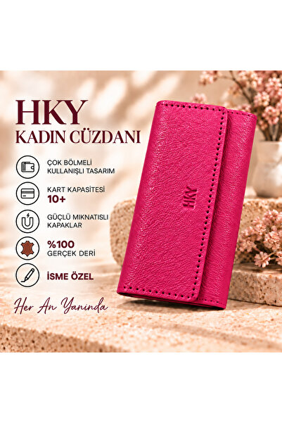 HKY Hakiki Isme Özel Deri Mıknatıslı Büyük Boy Kadın Cüzdan