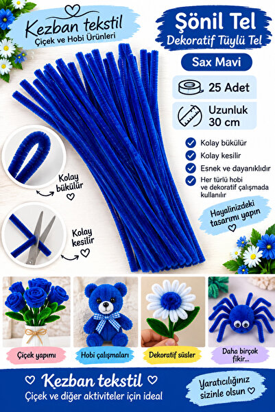 Kezban Tekstil SAX MAVİ Şönil 1.Cİ Kalite Tüylü dekoratif Tel 30 cm-25 adet