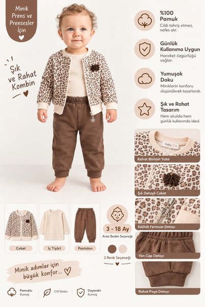 KIZ BEBEK MOONSTAR KAHVERENGİ LEOPARLI 3'LÜ TAKIM