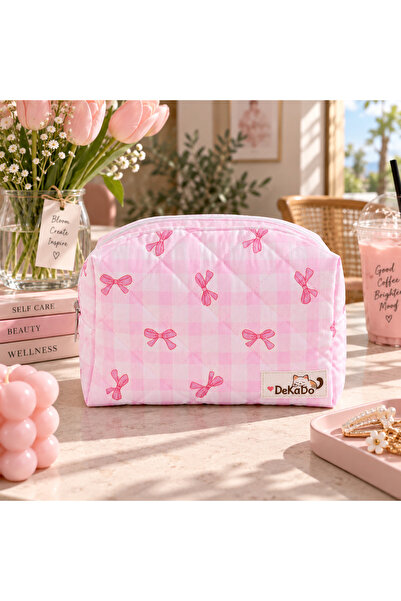 İKStore Pembe Pötikare Kurdele Desenli Makyaj Çantası - Büyük Boy e170