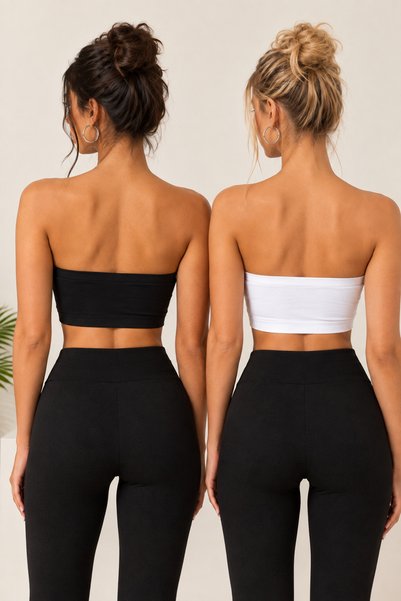Olyssia Kadın Siyah & Beyaz Süprem / Vücuda Oturan Esnek Basic Straplez Büstiyer Crop Top – Günlük Üst