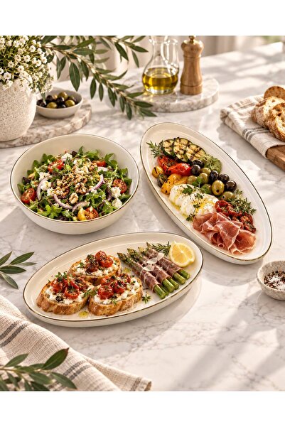 Onedekor 3-Piece Porcelain Gold Modern Sufii Salad Boat Bowl Set