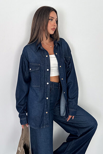 HLT JEANS Kadın Koyu Mavi Jean Denim Oversize Kalıp %100 Tencel Dökümlü Cepli...