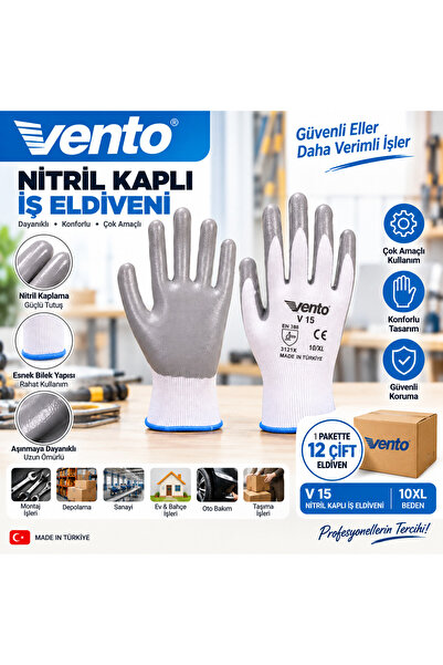 VENTO Gri Beyaz Nitril Iş Eldiveni V15 12 Adet