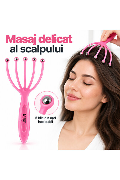 miraza Aparat pentru Masajul Capului, Efect de Relaxare, 5 Brate cu Bile Metalice, Roz
