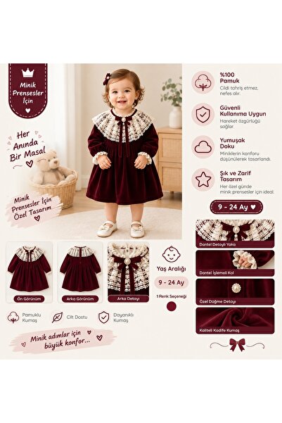 tinymini.co NOYNOY BABY KIZ BEBEK DANTEL DETAYLI BANDANALI BORDO KADİFE ELBİSE