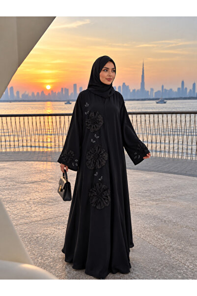 Ophelia Noir Fleur Floral Abaya for Women – Premium Handmade 3D Floral Embell...