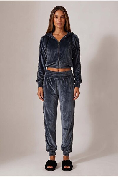 HerTon Women's Crop Zipper Hooded Velvet Tracksuit Set