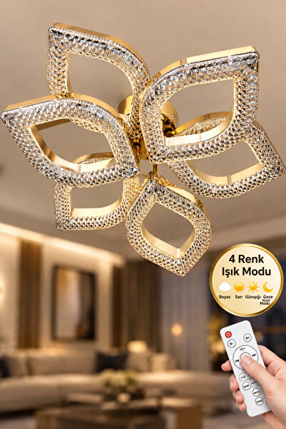 Lüxev Lighting Flora Model Gold 6"lı Ledli 3 Renk Modu Kristal Salon Mutfak Y...