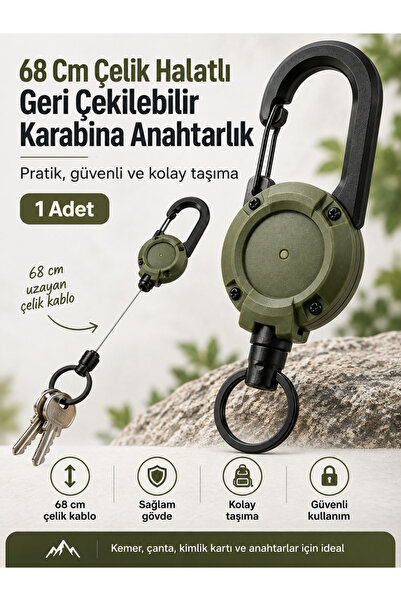 RAMDET 68 Cm Çelik Halatlı Geri Çekilebilir Karabina Anahtarlık Askeri Yeşil ...