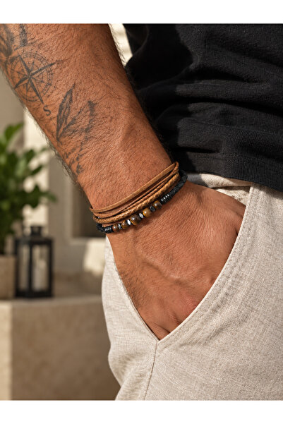 DGK COLLECTİON Multiple Camel-Colored Leather with Black Leather and Tiger Ey...