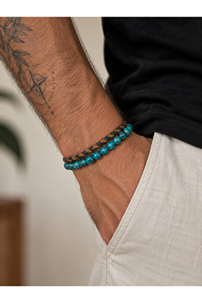 DGK COLLECTİON Turquoise Natural Stone and Double Color Leather 2-Piece Men's...