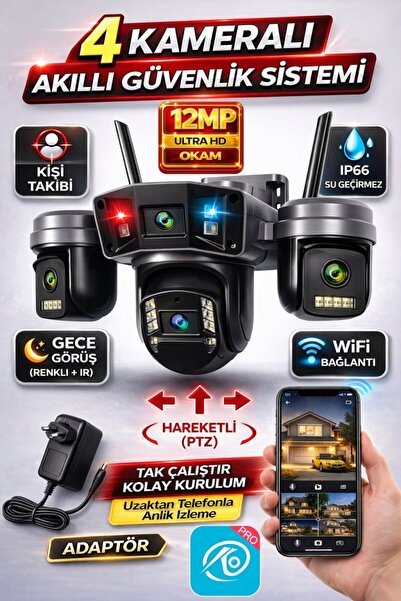 O-KAM OK-203Plus Premium 4 Lensli 12 Mp Wifi PTZ Görüntü Gece Görüş Sesli Kon...