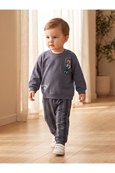 Bovi Bebek Erkek Bebek Füme Ayıcık İşlemeli Bear Club Yazılı İki İplik Sweats...