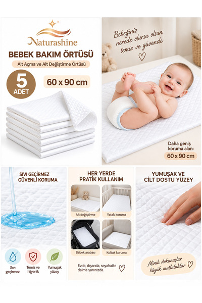 Naturashine Sıvı geçirmez Alt Değiştirme Örtüsü 60x90 cm 5 Adet