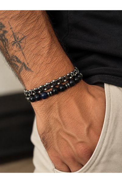 DGK COLLECTİON Matte Black and Dark Silver Color 2-Piece Men's Bracelet Combi...