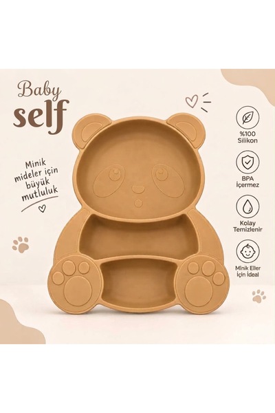 babyself 3' LÜ BEBEK BESLENME SETİ , MAMA TABAĞI PANDA SETİ KAHVE