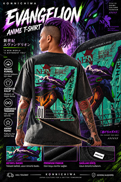 FG KONNİCHİWA Evangelion Anime Character Printed T-Shirt Anime T-Shirt Acid W...