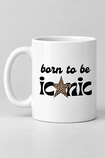Born To Be Iconic Yazılı Leopar Yıldız Baskılı Beyaz Kupa Bardak