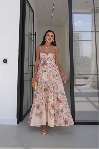 Havoş Rochie lungă roz pudră cu detalii de corset floral