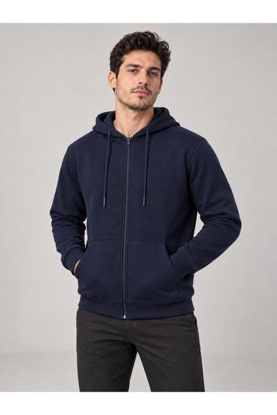 Butik Erkek Oversize Kapüşonlu Tam Fermuarlı Kanguru Cepli Şardonlu Sweatshirt
