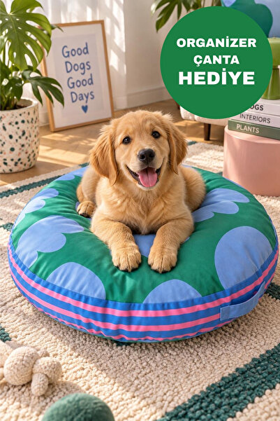 Desenli Yuvarlak Kedi ve Orta Irk Köpek Yatağı - Çıkarılabilir ve Yıkanabilir kılıf (ORGANİZER ÇANTA HEDİYELİ)